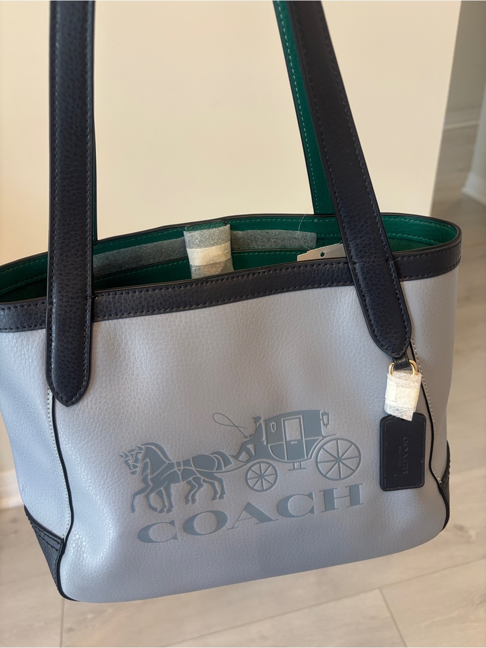 COACH Two-Tone Tote in Light Gray and Green